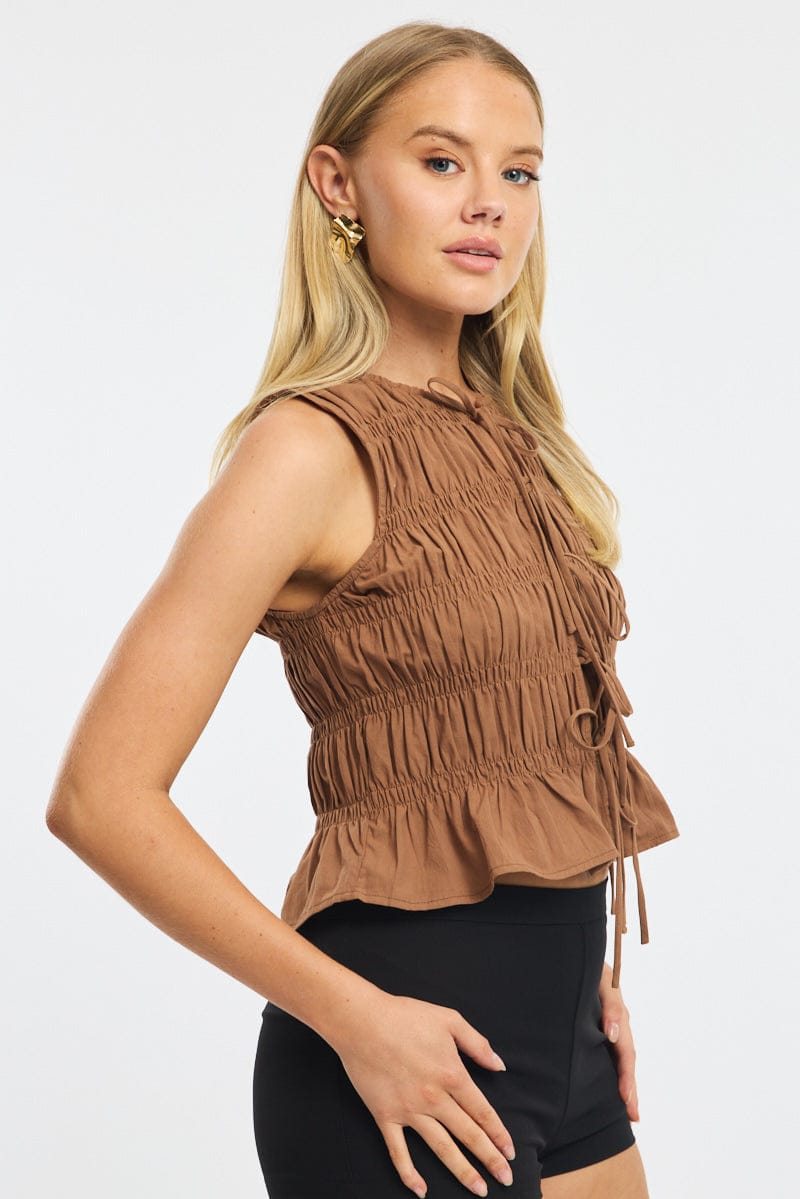 Brown Creased Top Tie Up for Ally Fashion
