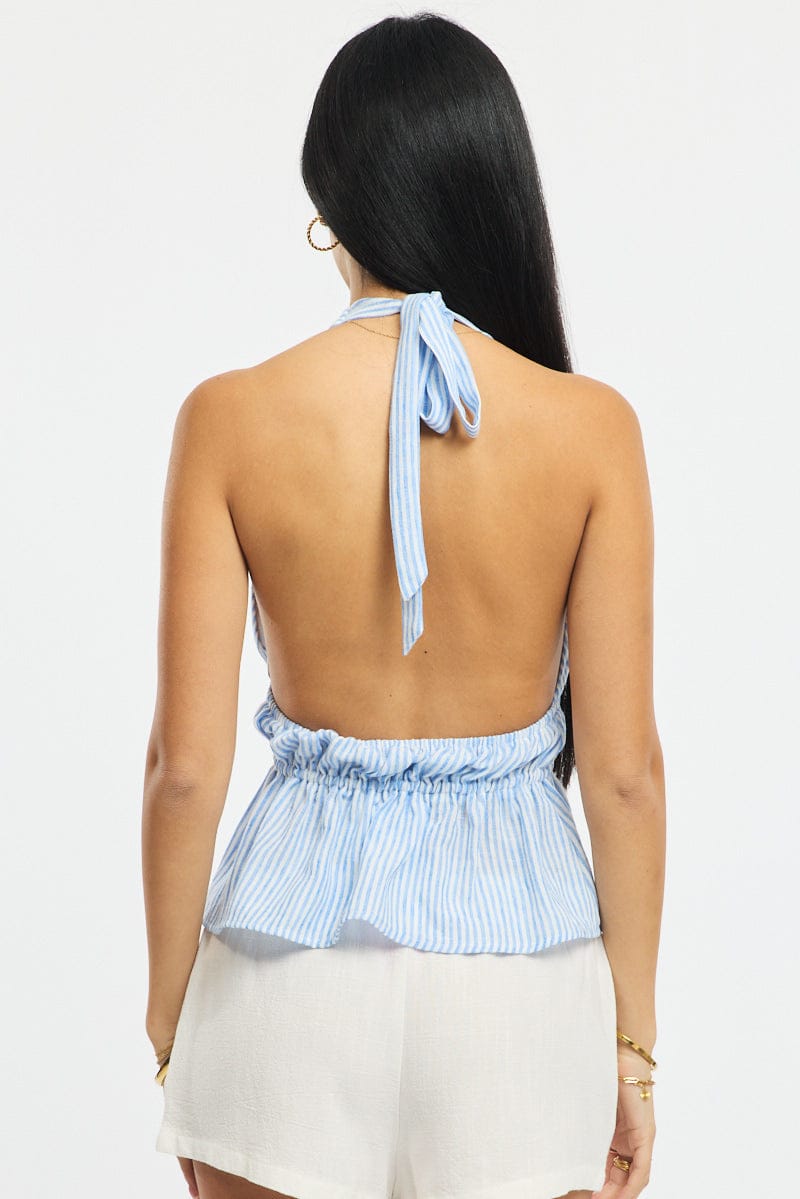 Blue Stripe Tie Up Vest Halter Neck for Ally Fashion