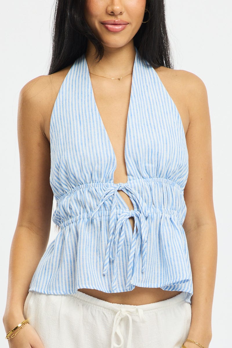 Blue Stripe Tie Up Vest Halter Neck for Ally Fashion