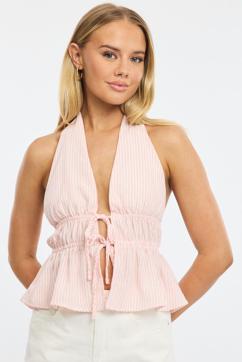 Pink Stripe Tie Up Vest Halter Neck for Ally Fashion