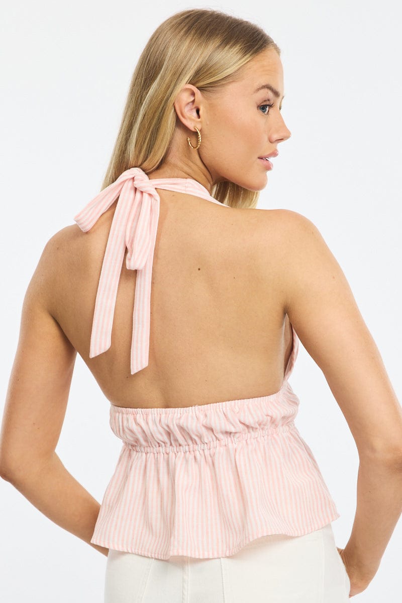 Pink Stripe Tie Up Vest Halter Neck for Ally Fashion