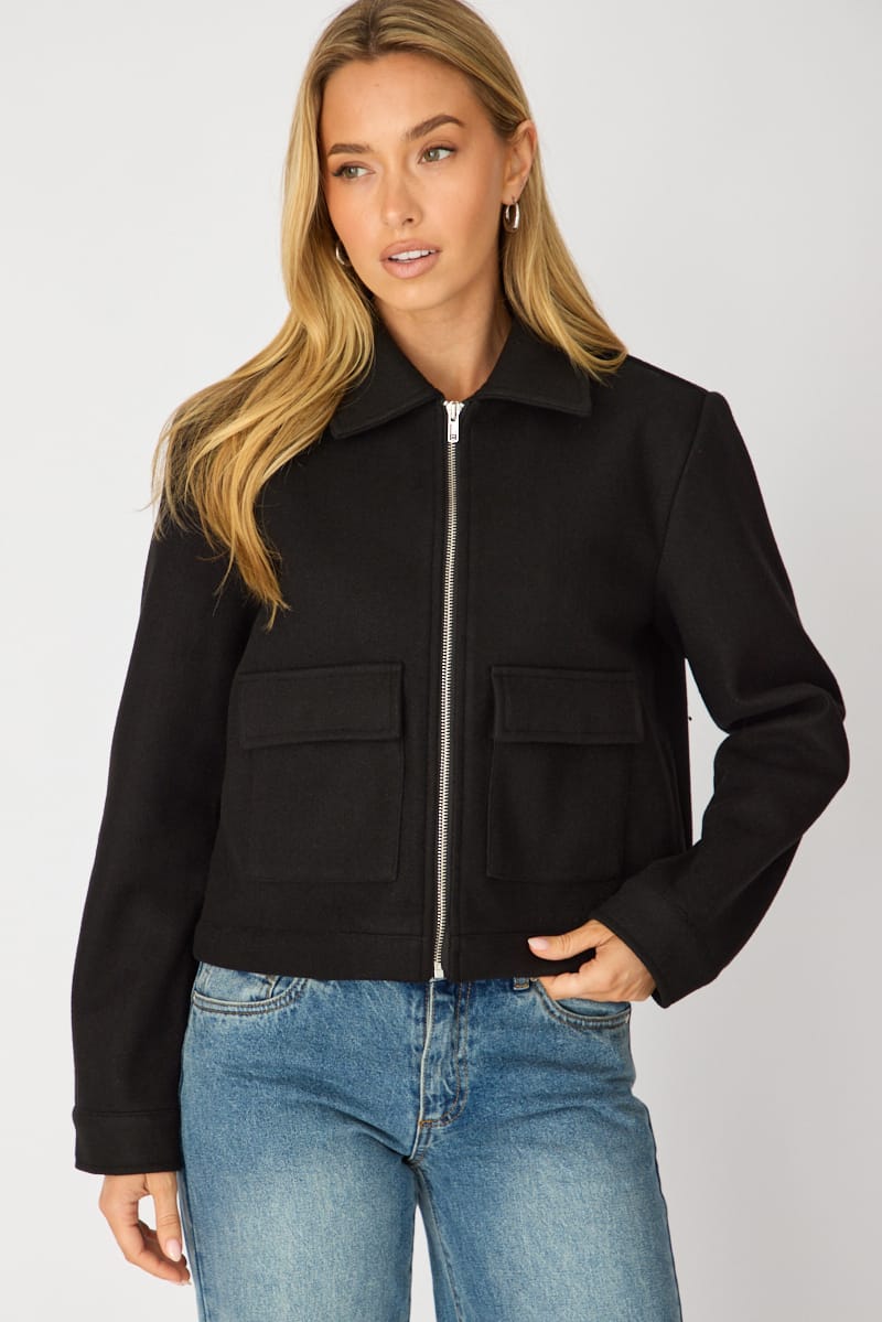 Black Zip Front Jacket for Ally Fashion