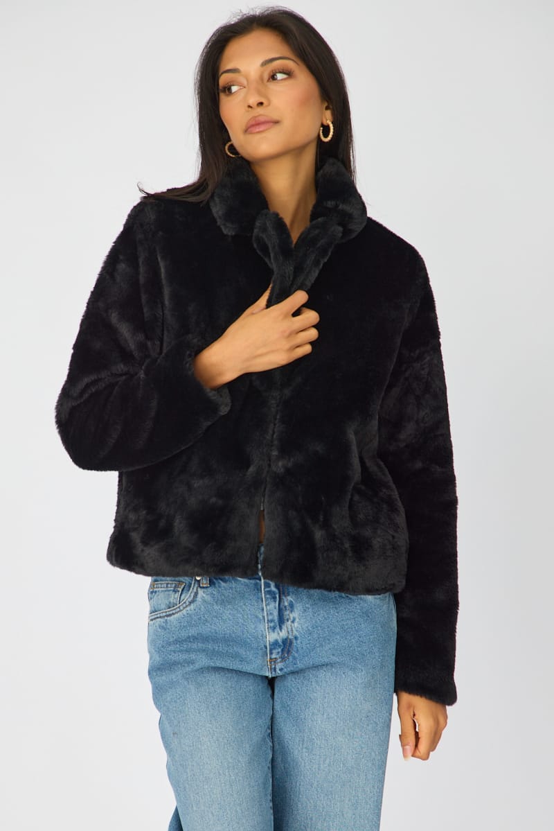 Black Fur Jacket Collared for Ally Fashion