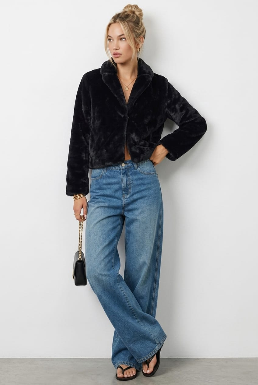 Black Fur Jacket Collared from Ally Fashion