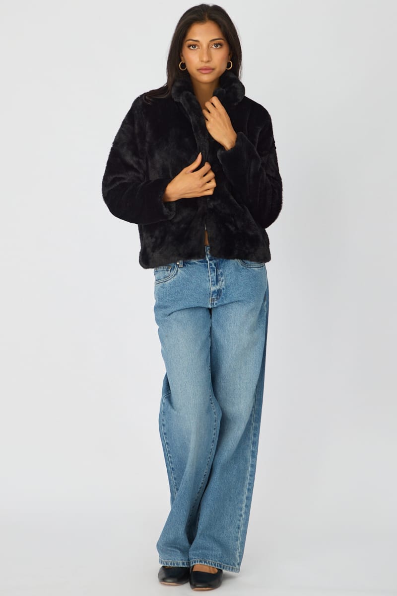 Black Fur Jacket Collared for Ally Fashion