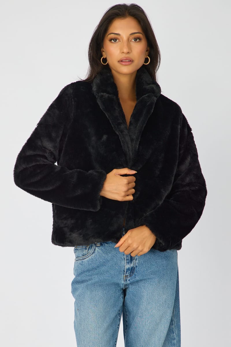 Black Fur Jacket Collared for Ally Fashion