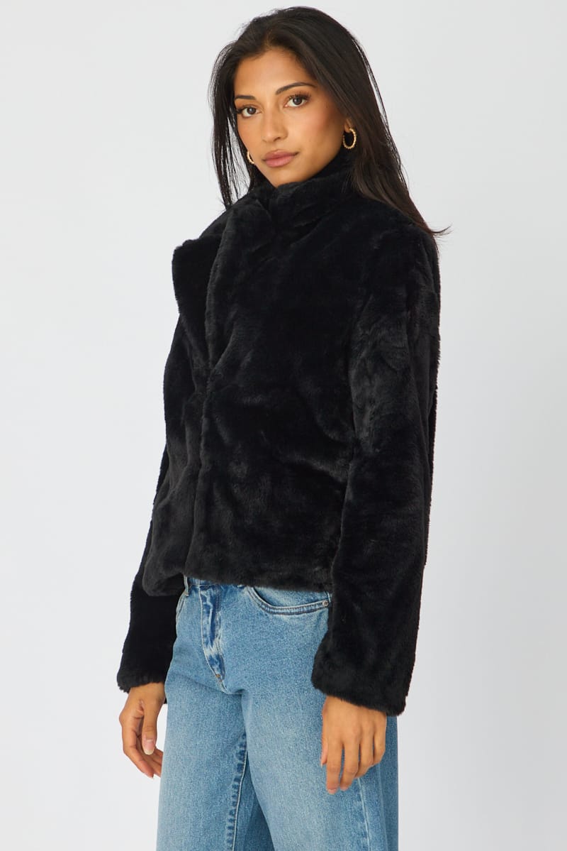 Black Fur Jacket Collared for Ally Fashion