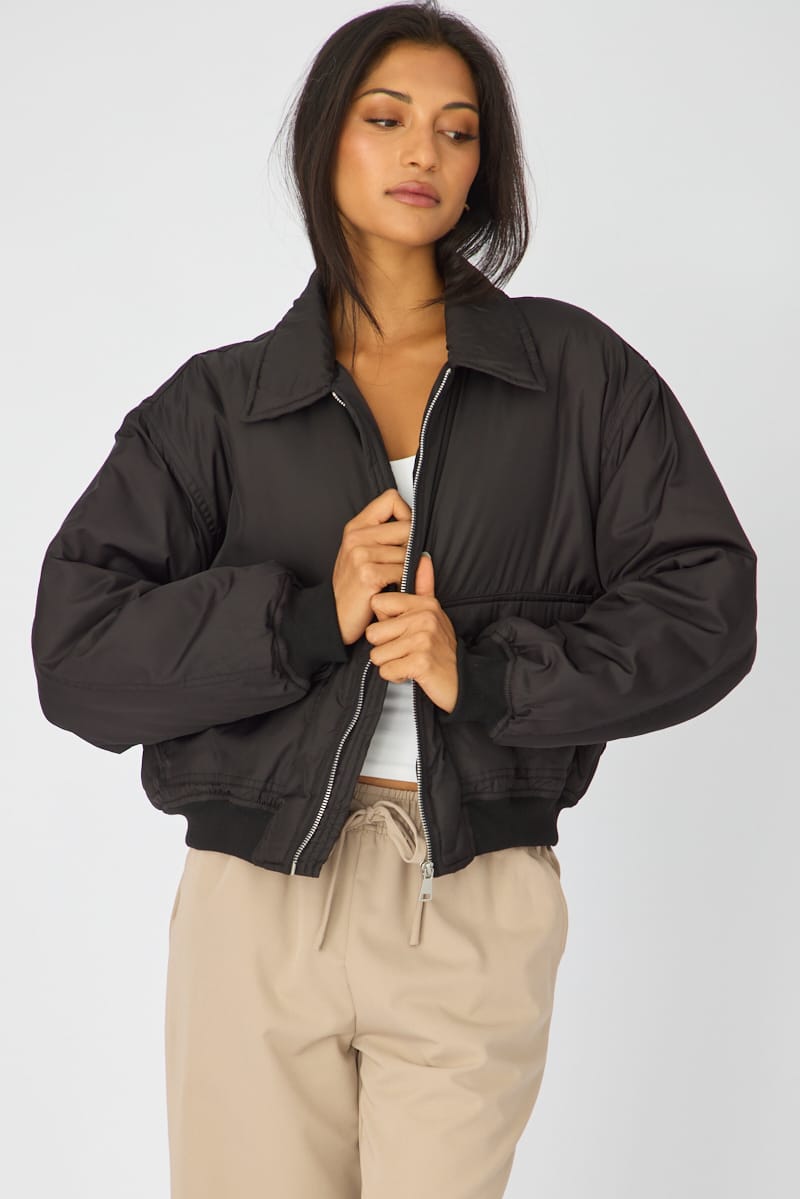 Black Bomber Jacket Collared for Ally Fashion
