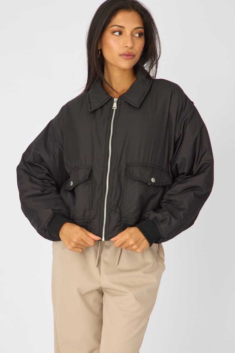 Black Bomber Jacket Collared for Ally Fashion