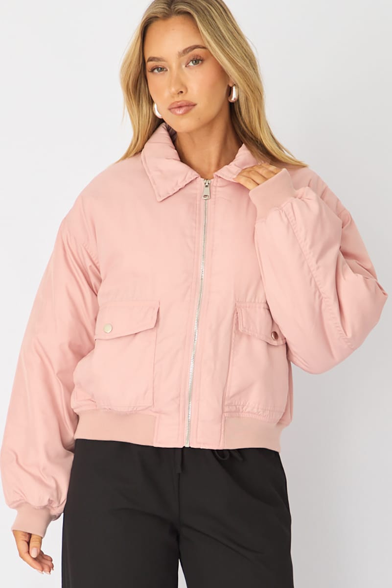 Pink Bomber Jacket Collared for Ally Fashion