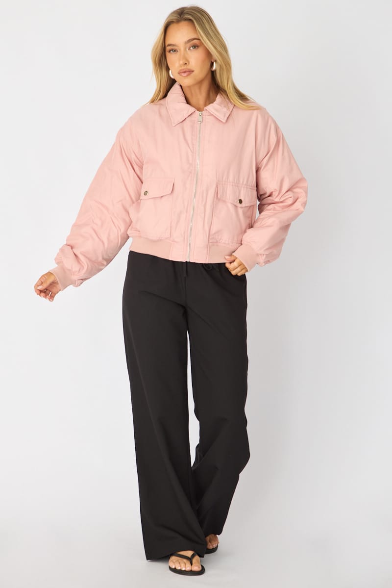 Pink Bomber Jacket Collared for Ally Fashion