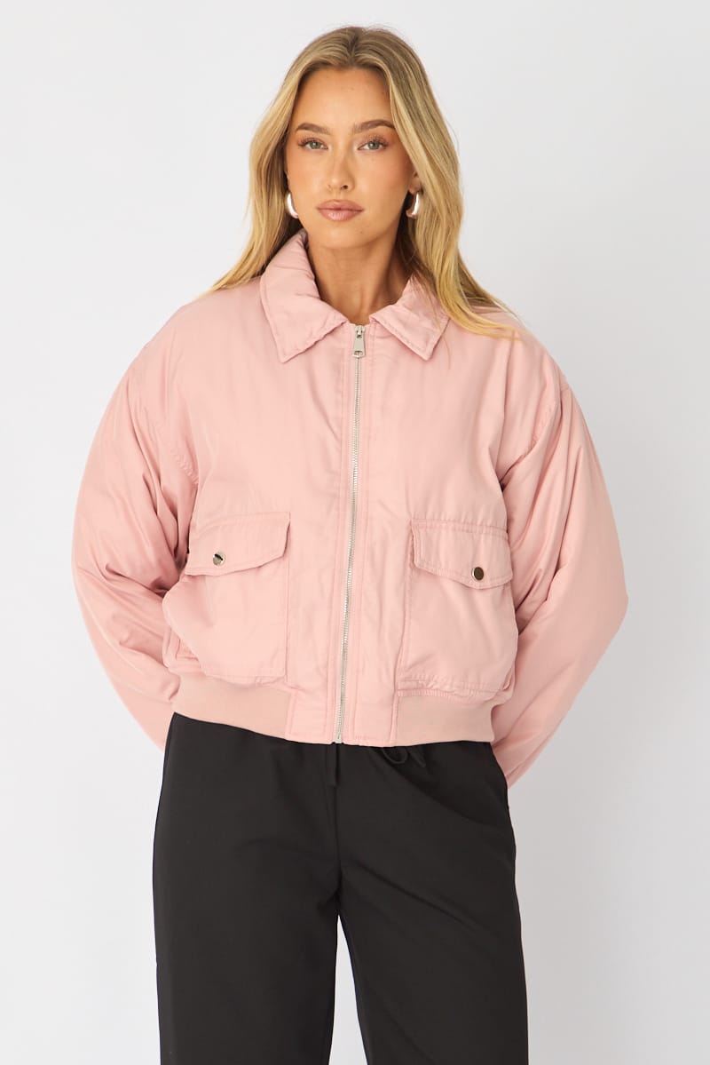 Pink Bomber Jacket Collared for Ally Fashion