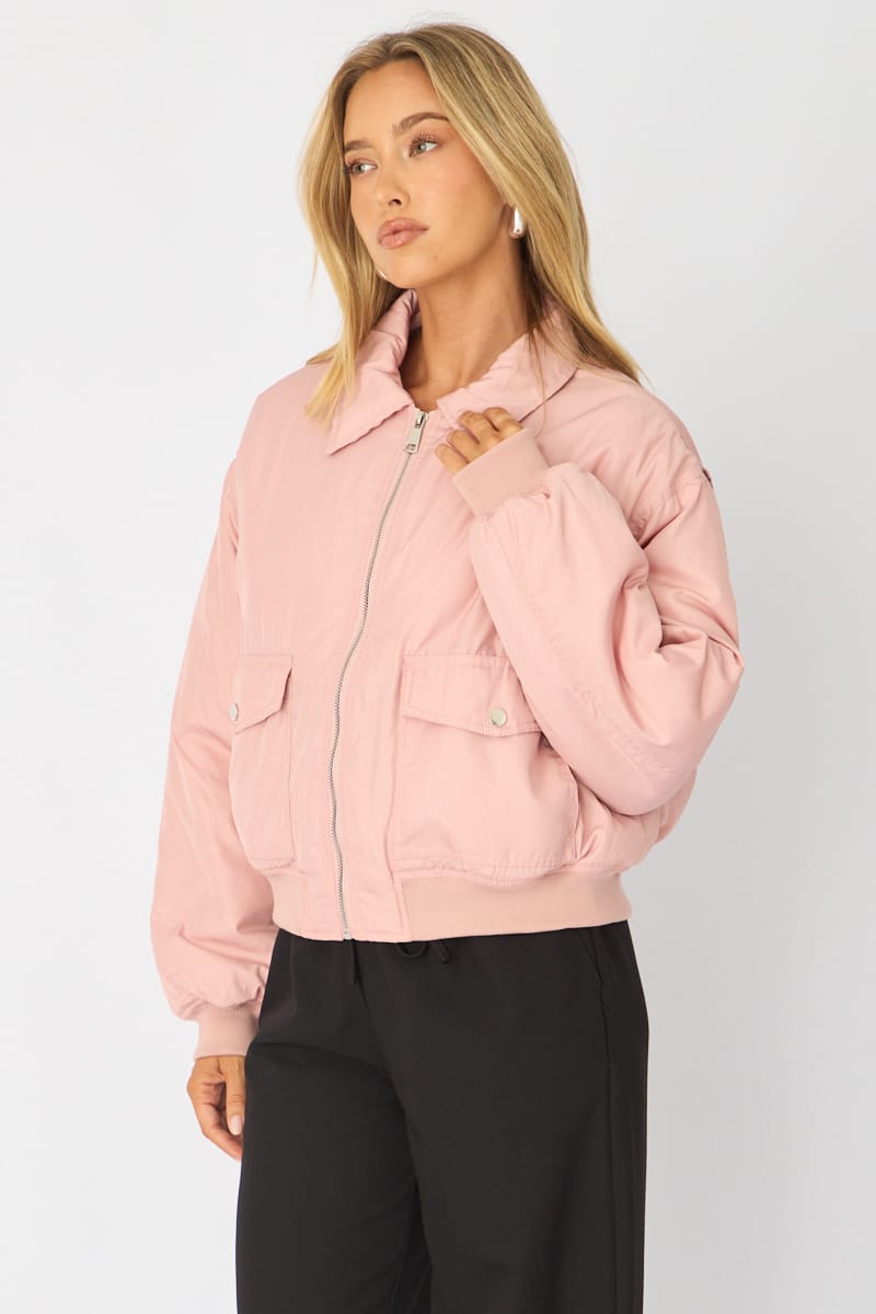 Pink Bomber Jacket Collared for Ally Fashion