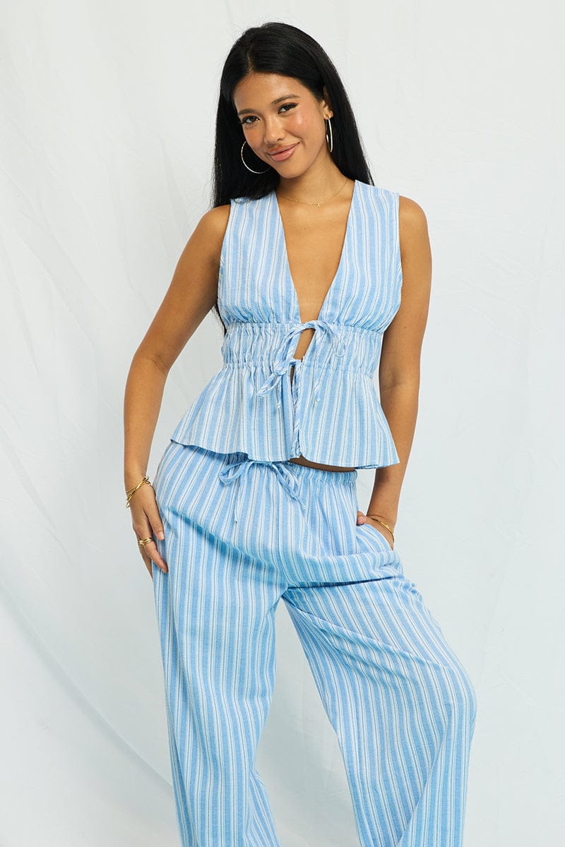 Blue Stripe Tie Up Vest Sleeveless for Ally Fashion