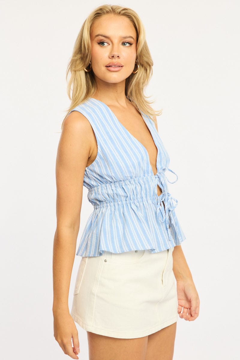 Blue Stripe Tie Up Vest Sleeveless for Ally Fashion