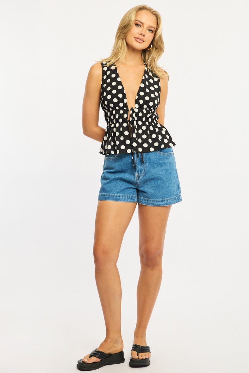 Black Polka Dot Tie Up Vest Sleeveless for Ally Fashion