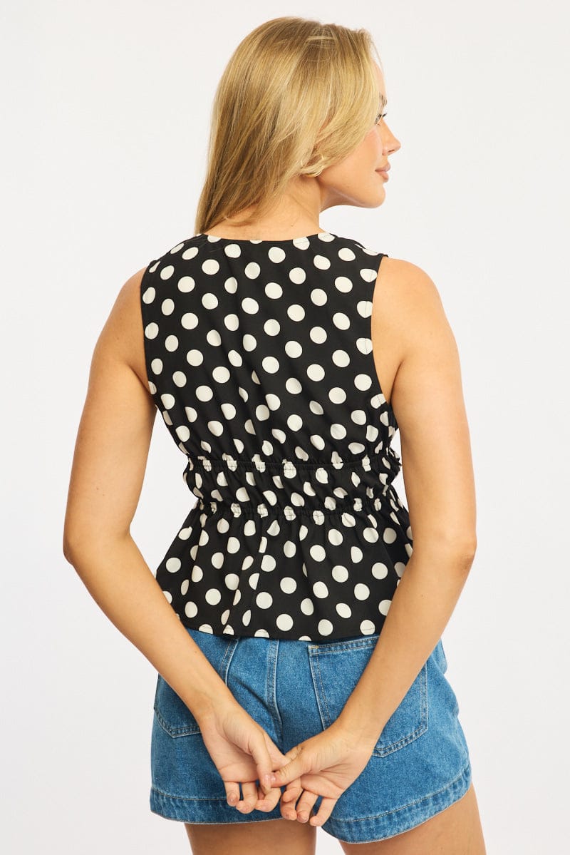 Black Polka Dot Tie Up Vest Sleeveless for Ally Fashion