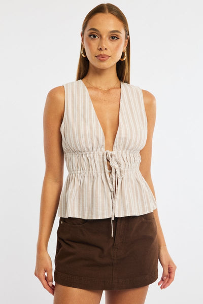 Beige Stripe Tie Up Vest Sleeveless | Ally Fashion