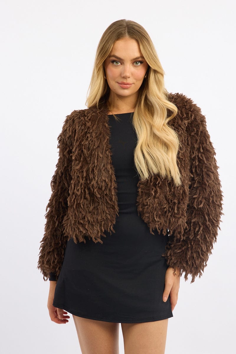 Brown Faux Fur Jacket for Ally Fashion