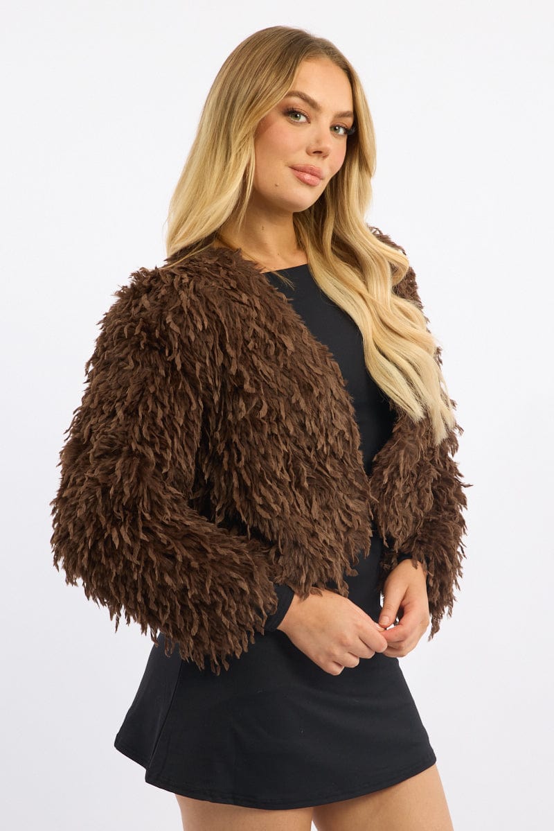 Brown Faux Fur Jacket for Ally Fashion
