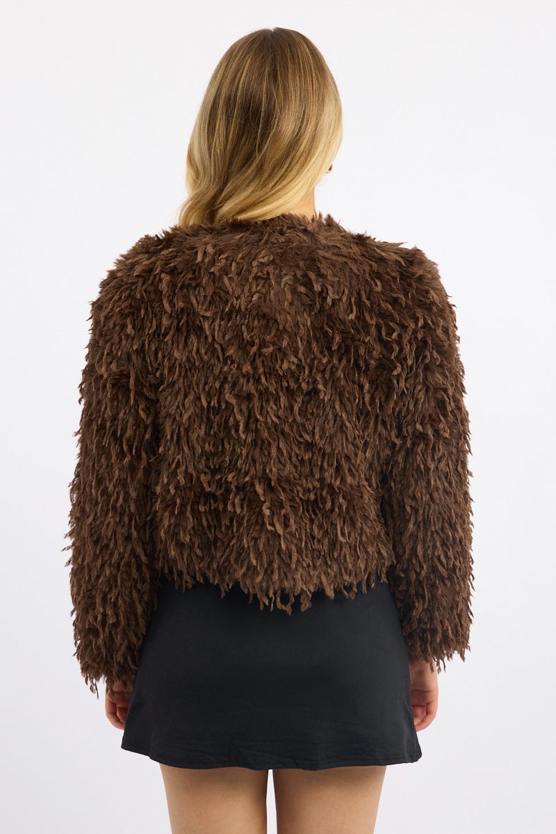 Brown Faux Fur Jacket for Ally Fashion