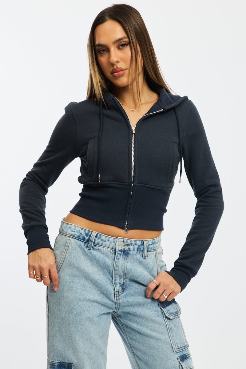 Blue Zip Through Hoodie for Ally Fashion