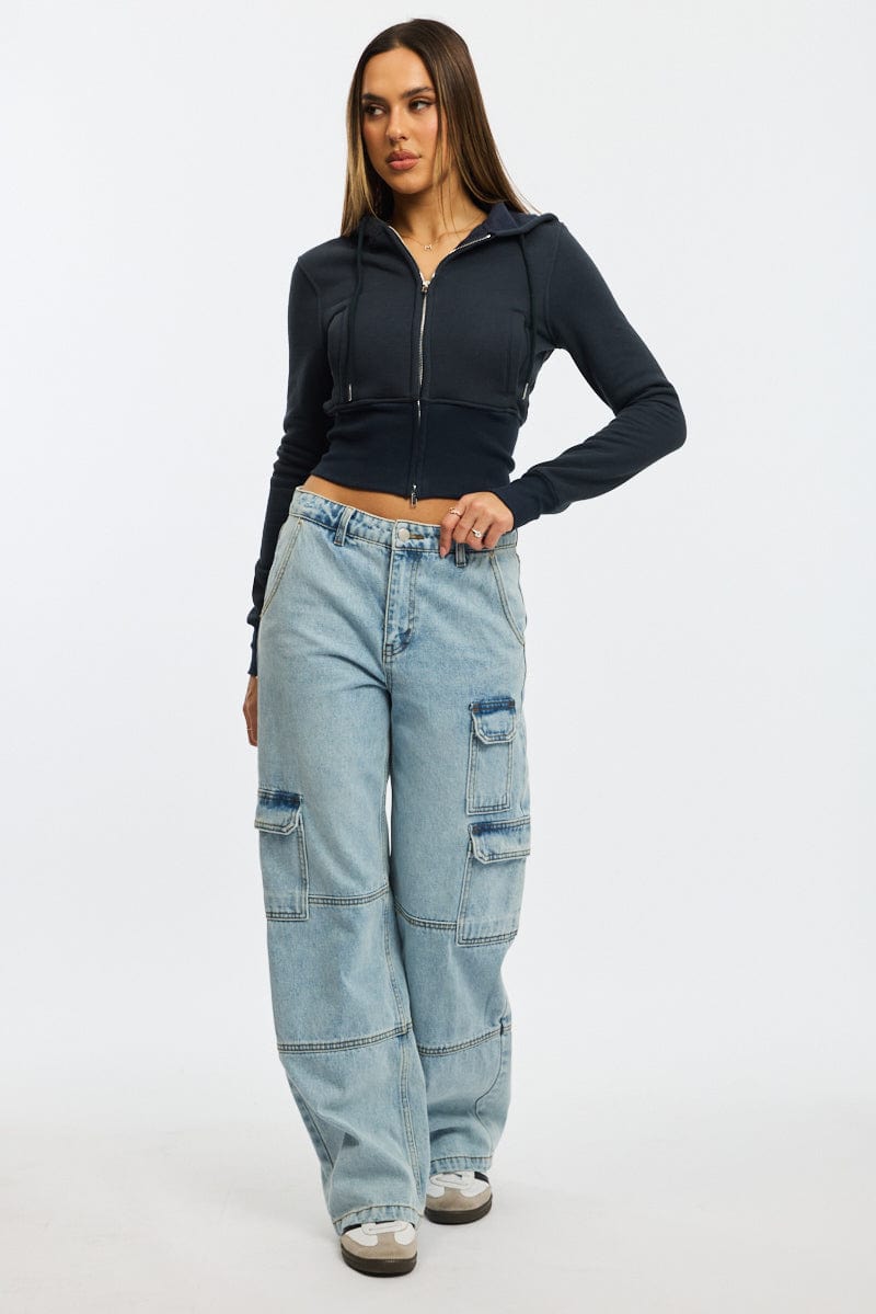 Blue Zip Through Hoodie for Ally Fashion