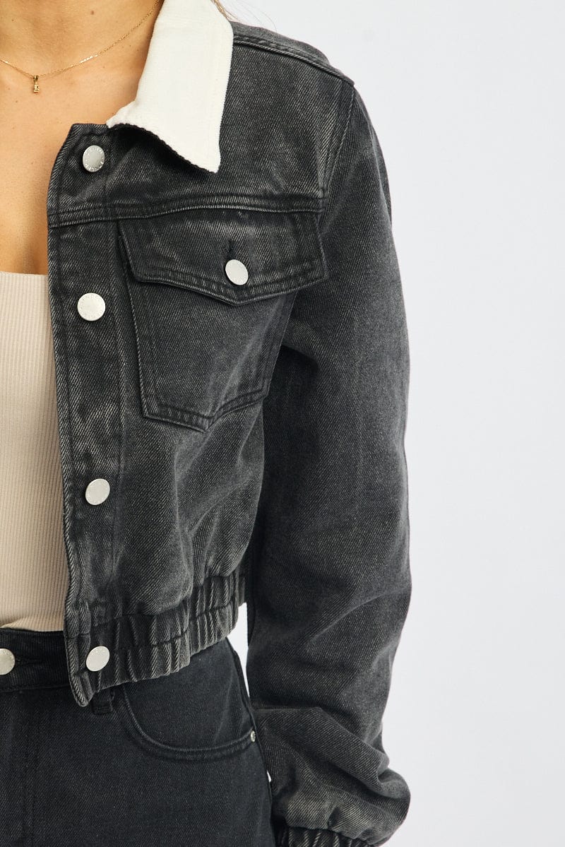 Black Crop Jacket With Contrast Collar for Ally Fashion