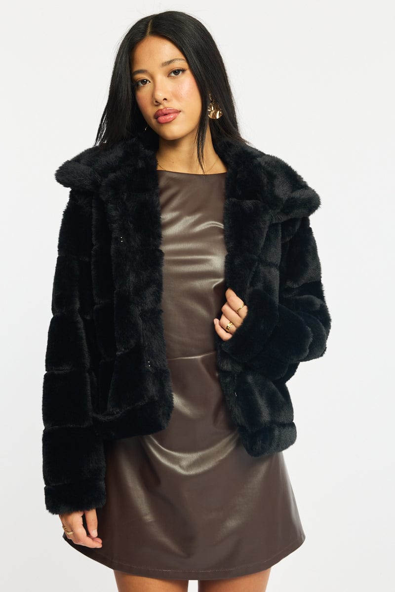 Black Faux Fur Jacket With Lapel Collar for Ally Fashion