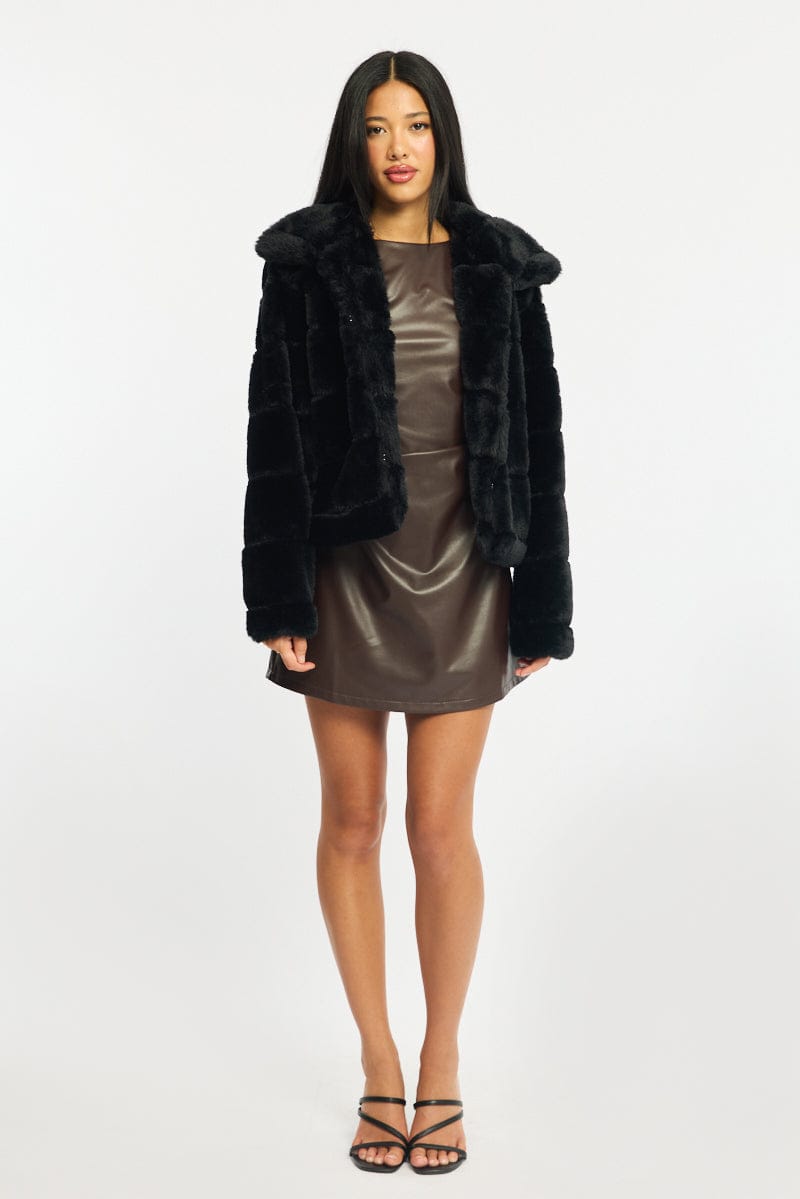 Black Faux Fur Jacket With Lapel Collar for Ally Fashion