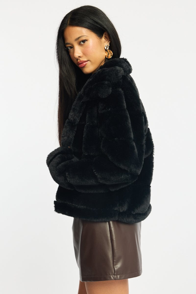 Black Faux Fur Jacket With Lapel Collar for Ally Fashion