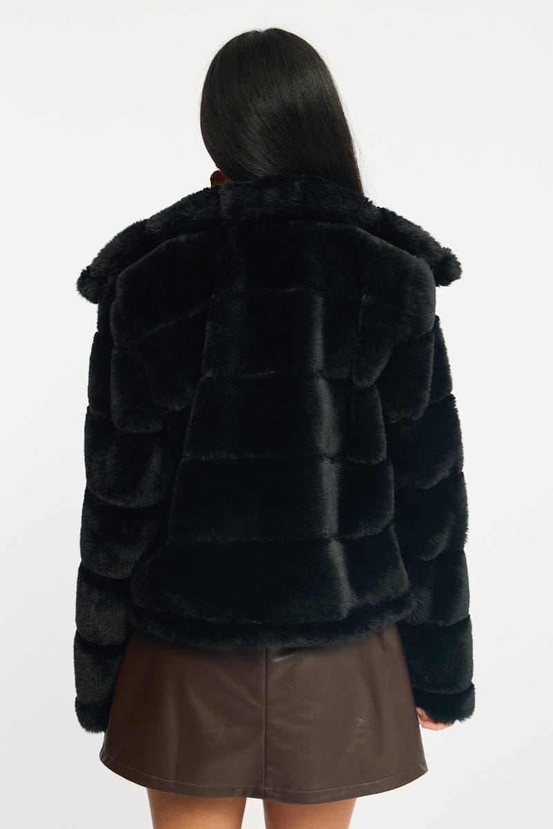Black Faux Fur Jacket With Lapel Collar for Ally Fashion