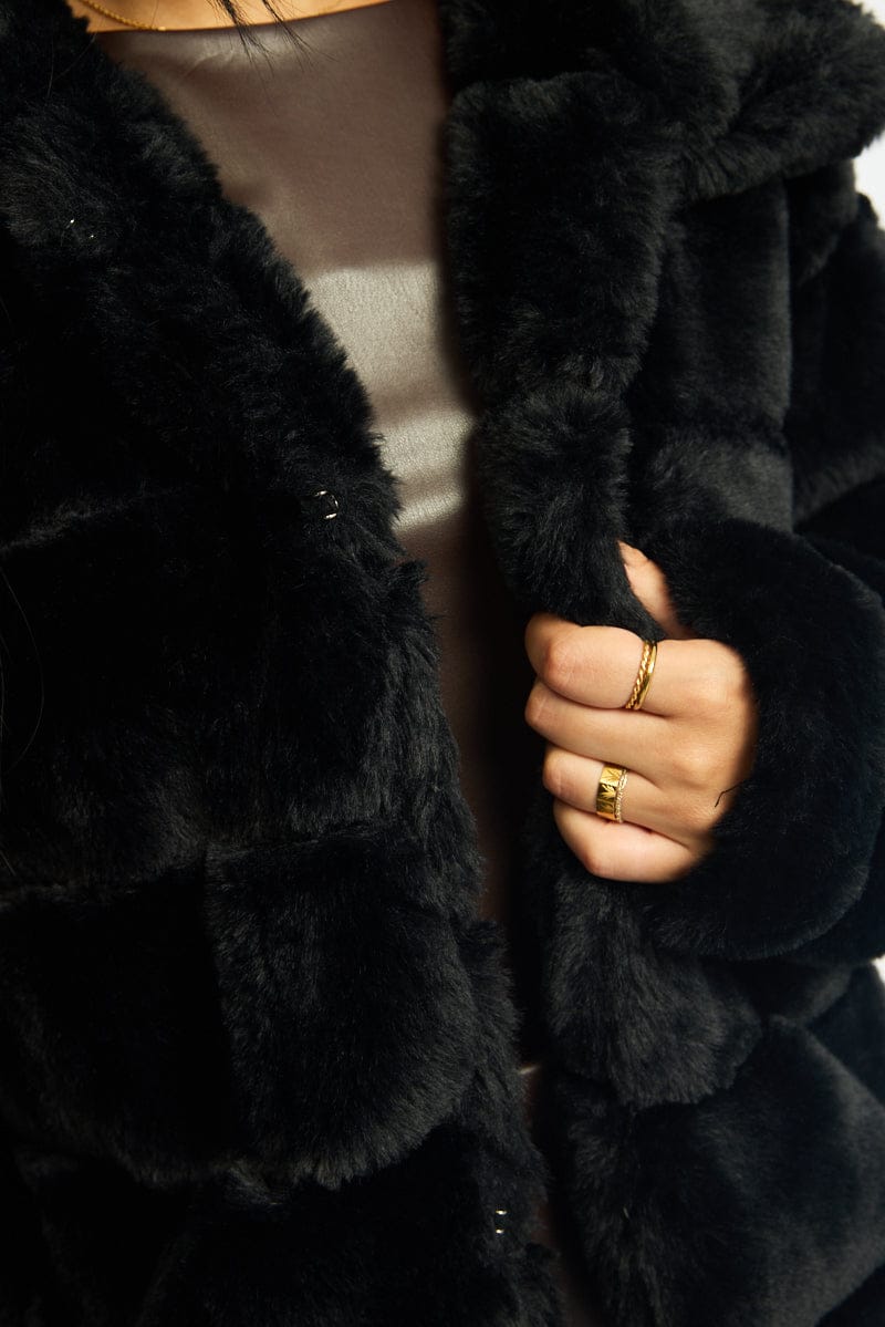 Black Faux Fur Jacket With Lapel Collar for Ally Fashion