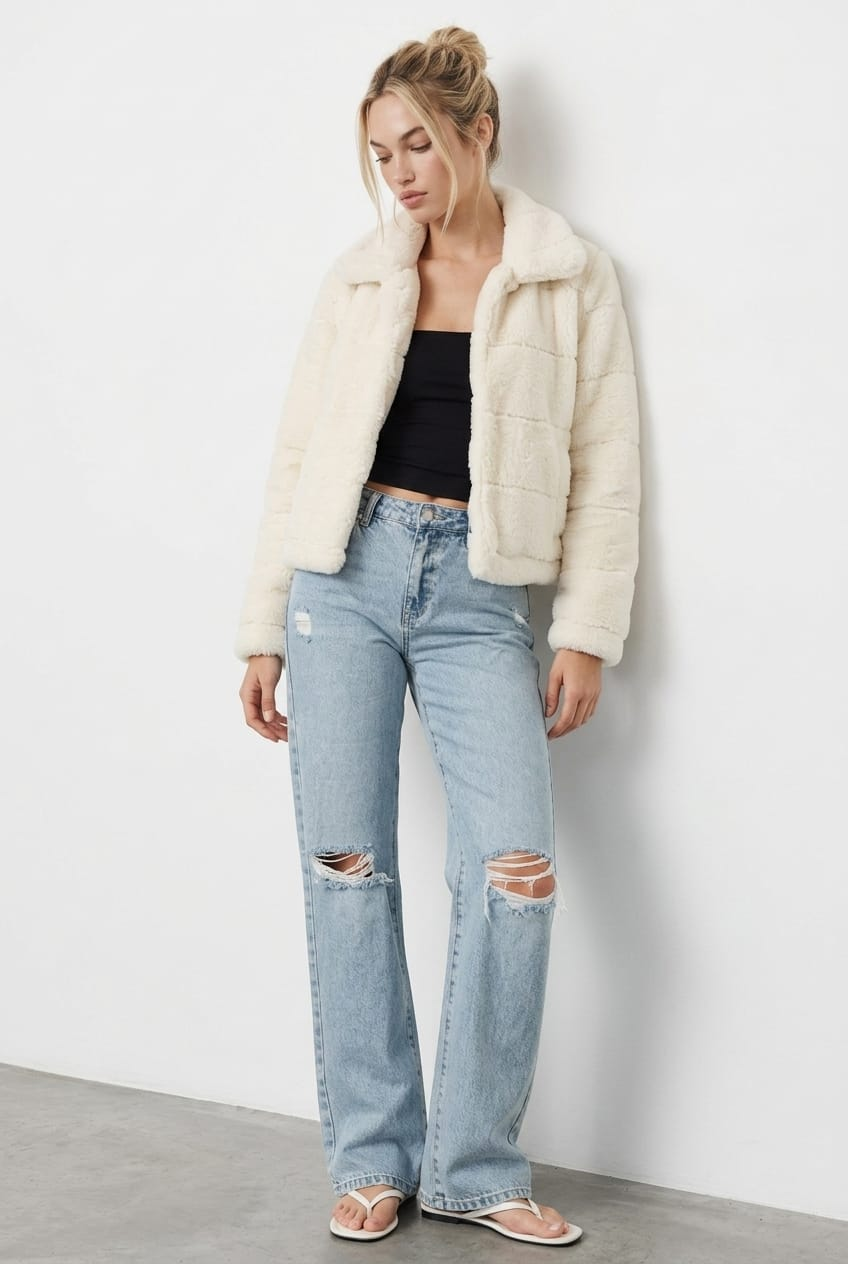 White Faux Fur Jacket With Lapel Collar for Ally Fashion