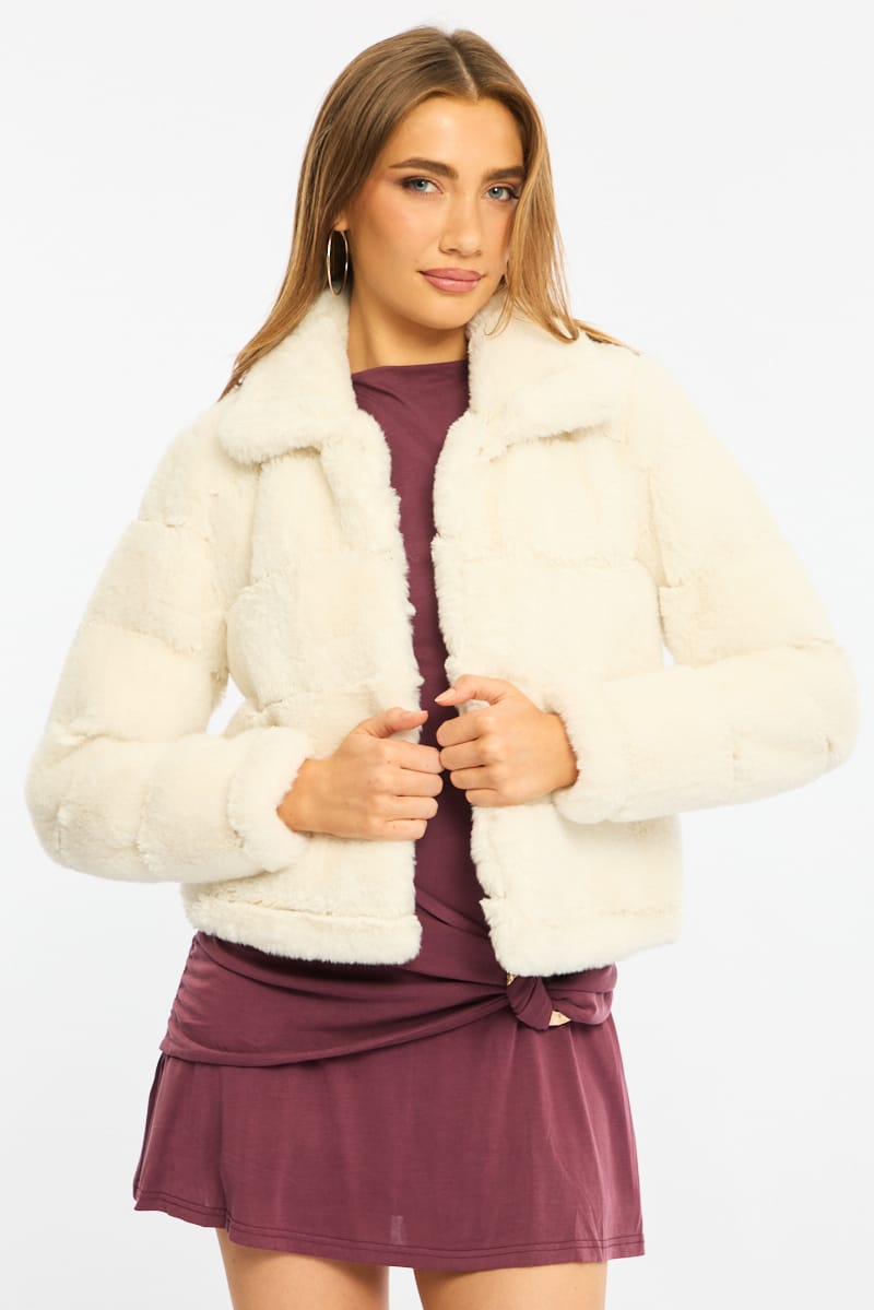 White Faux Fur Jacket With Lapel Collar for Ally Fashion