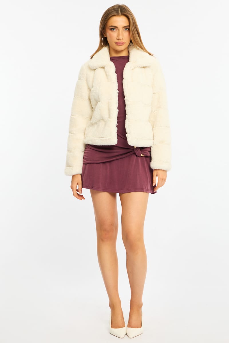 White Faux Fur Jacket With Lapel Collar for Ally Fashion