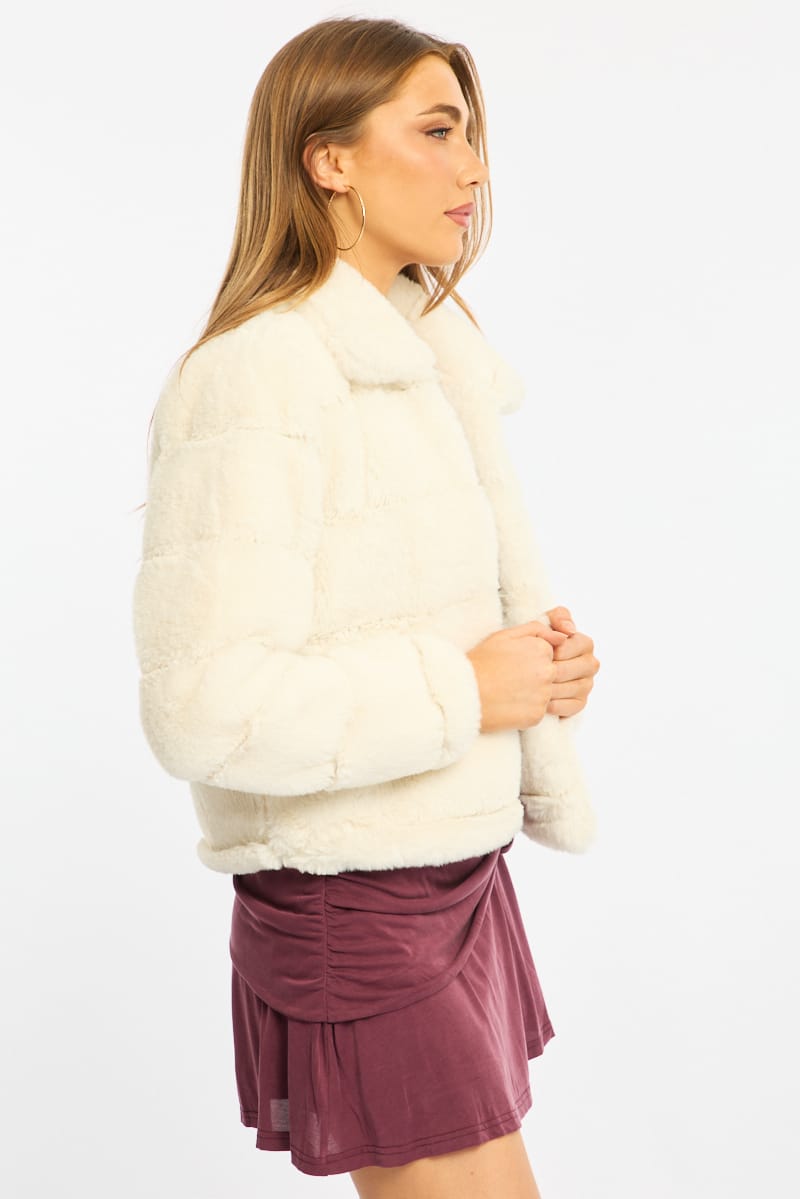 White Faux Fur Jacket With Lapel Collar for Ally Fashion