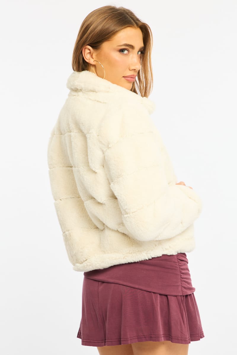 White Faux Fur Jacket With Lapel Collar for Ally Fashion