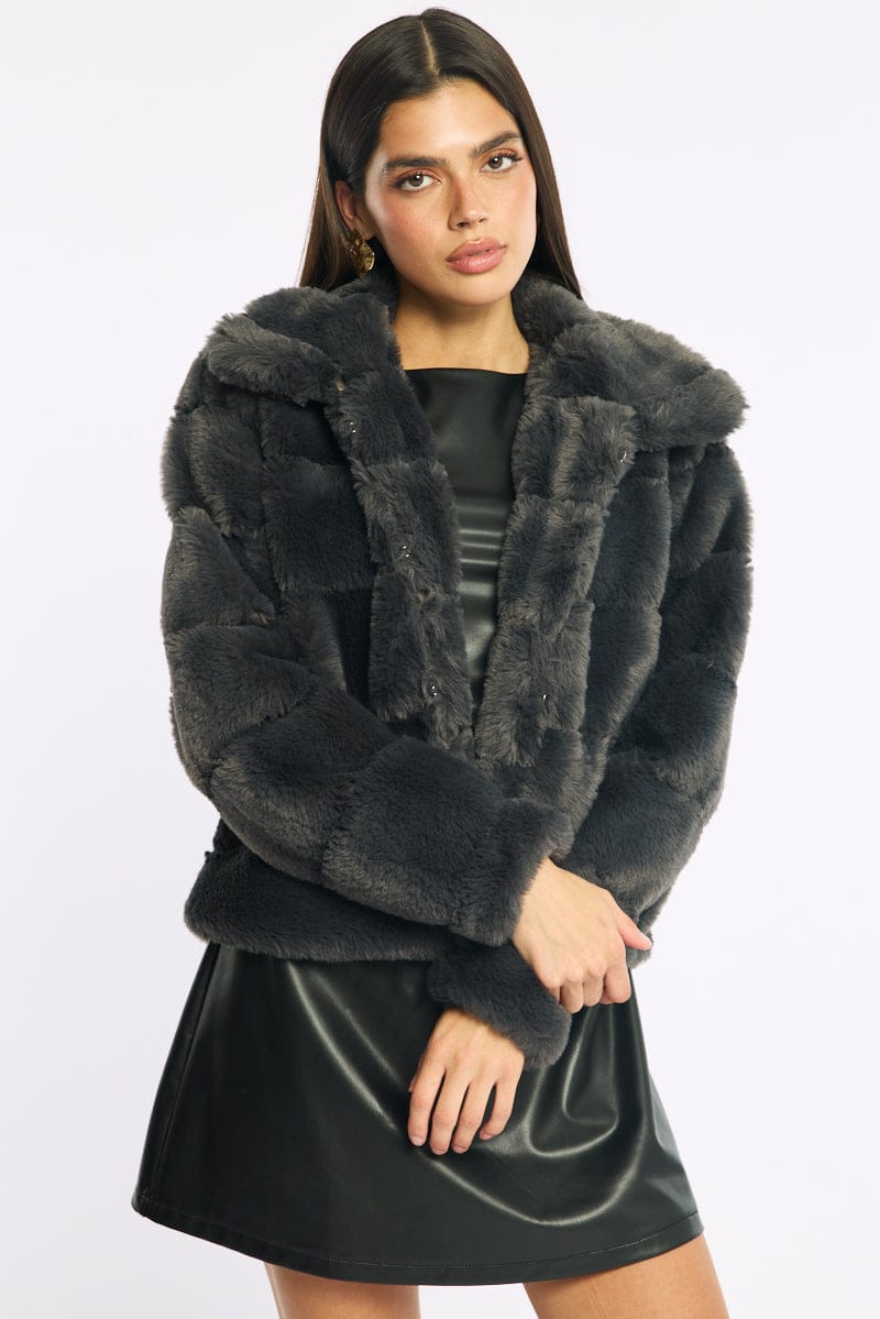 Grey Faux Fur Jacket With Lapel Collar for Ally Fashion