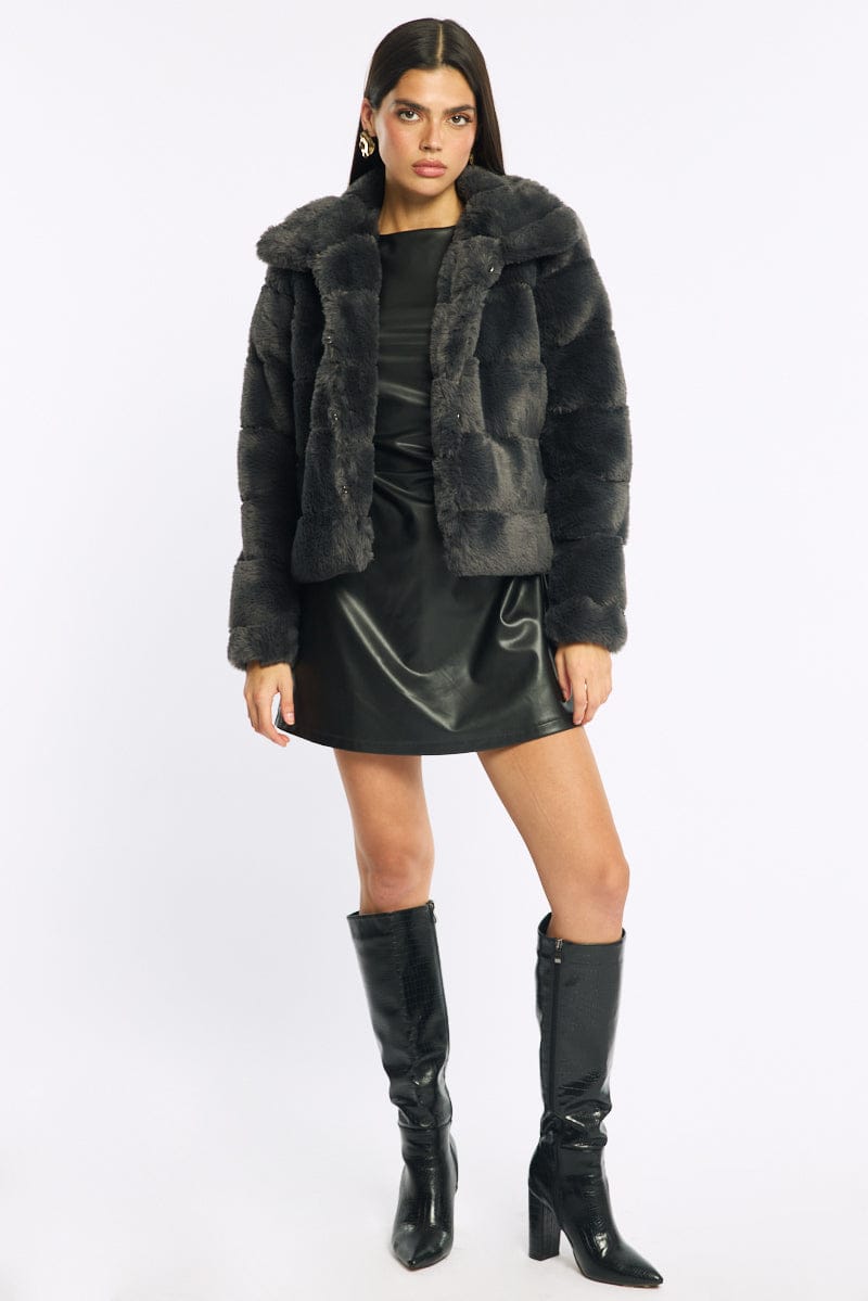 Grey Faux Fur Jacket With Lapel Collar for Ally Fashion