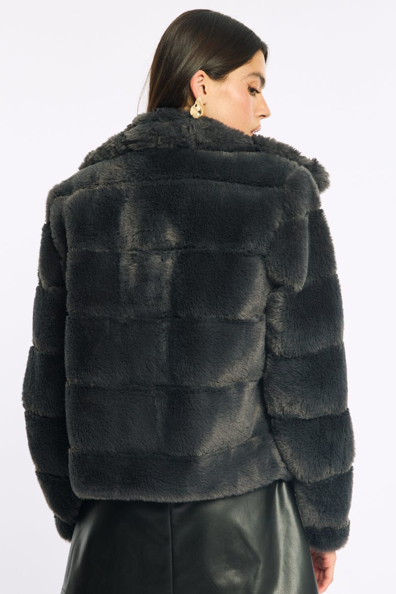 Grey Faux Fur Jacket With Lapel Collar for Ally Fashion