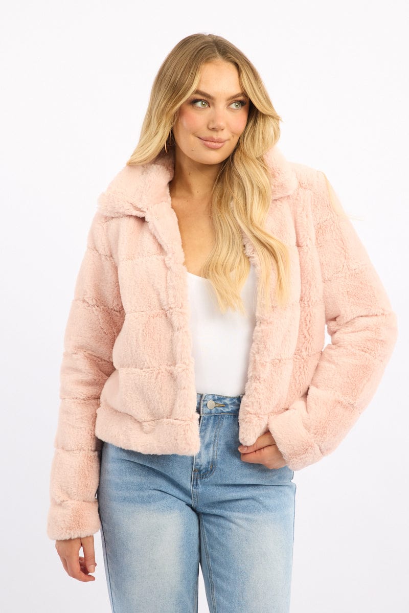 Pink Faux Fur Jacket With Lapel Collar for Ally Fashion