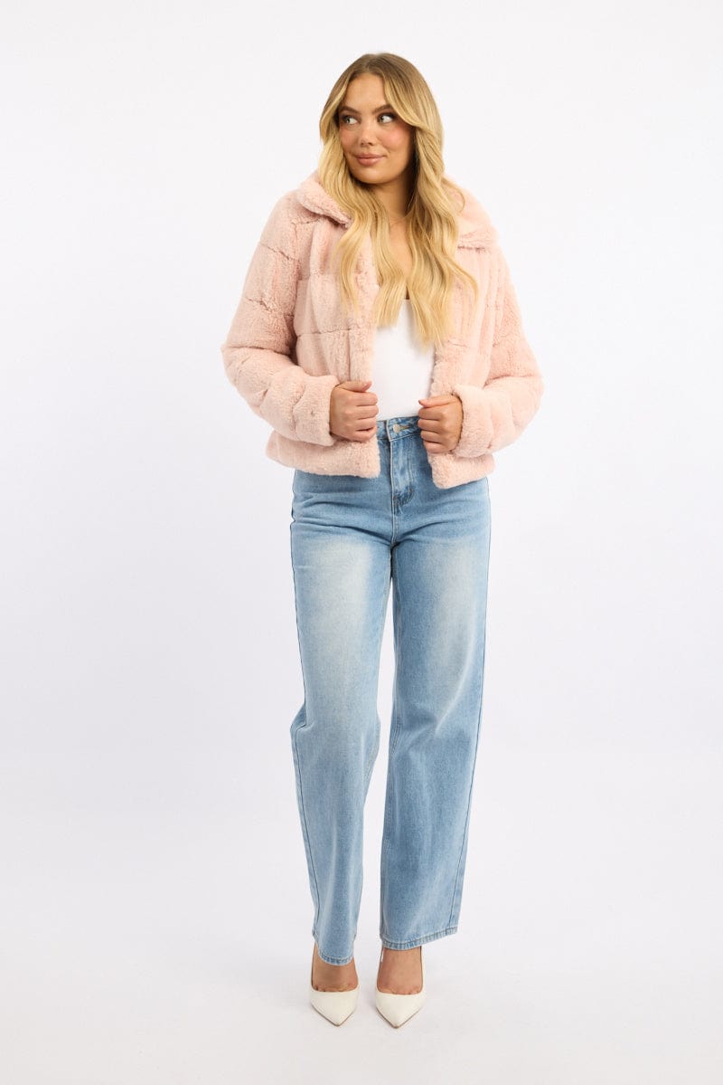 Pink Faux Fur Jacket With Lapel Collar for Ally Fashion