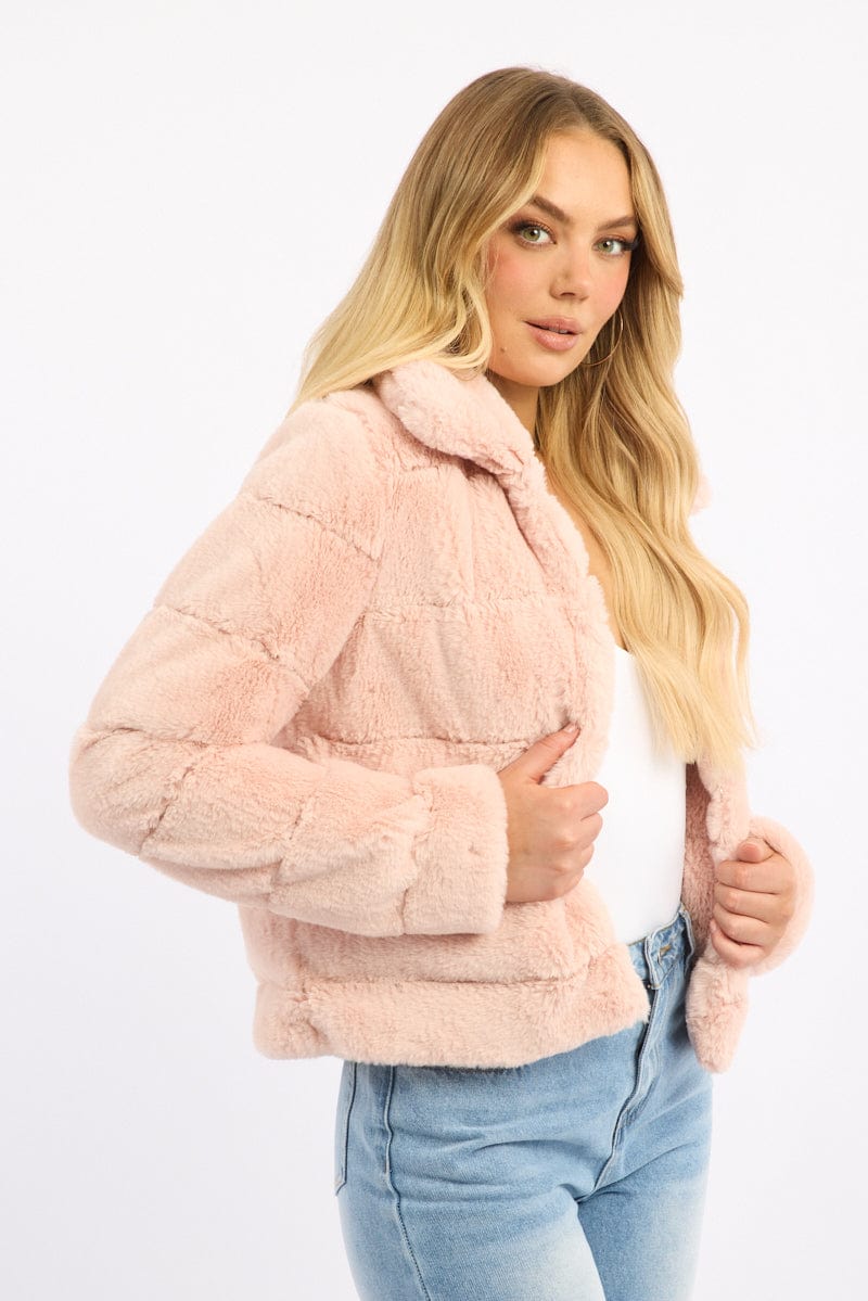 Pink Faux Fur Jacket With Lapel Collar for Ally Fashion