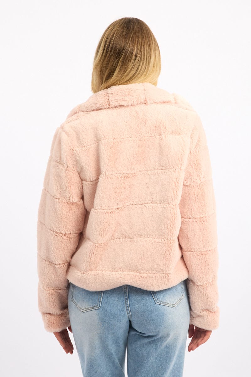 Pink Faux Fur Jacket With Lapel Collar for Ally Fashion