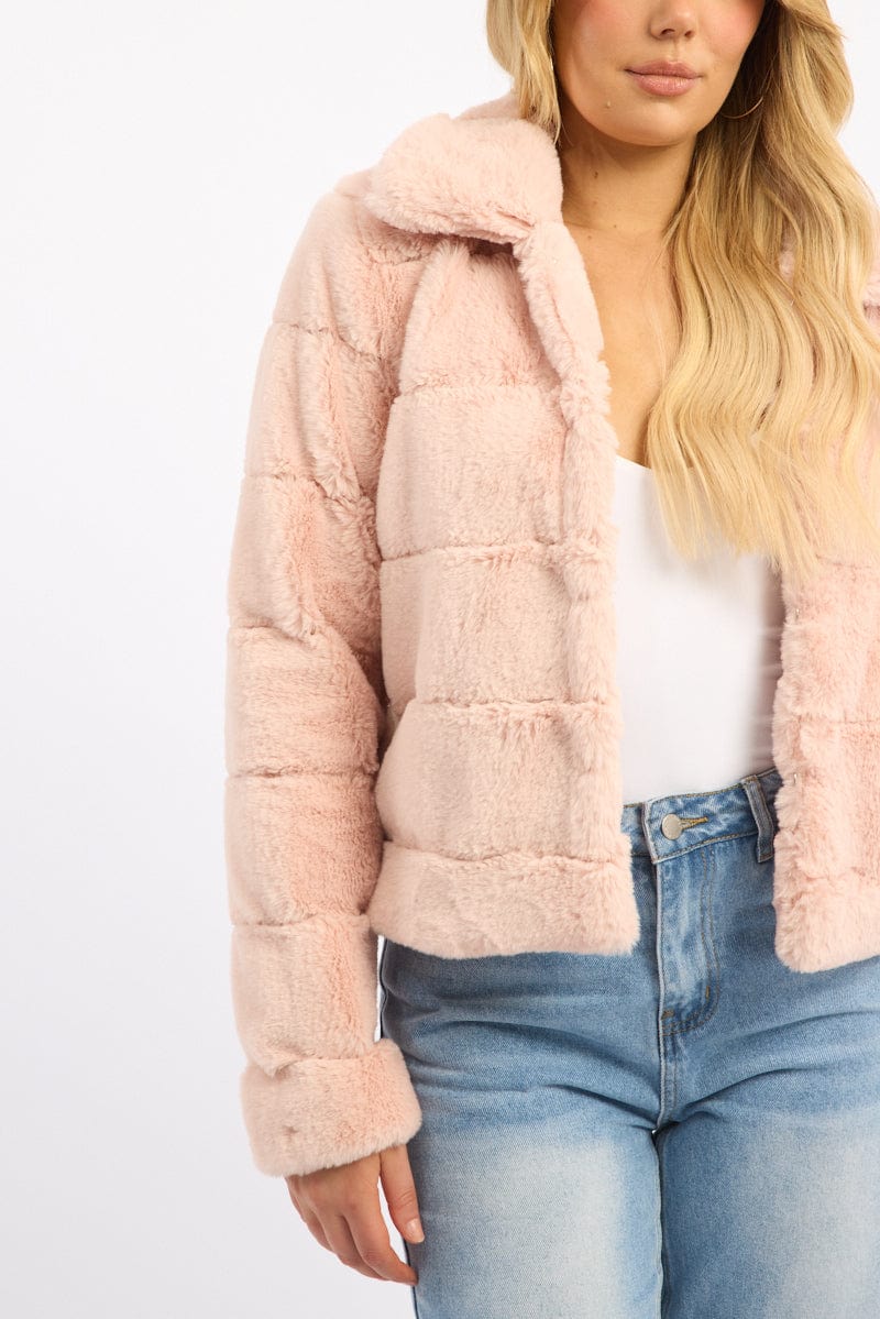 Pink Faux Fur Jacket With Lapel Collar for Ally Fashion