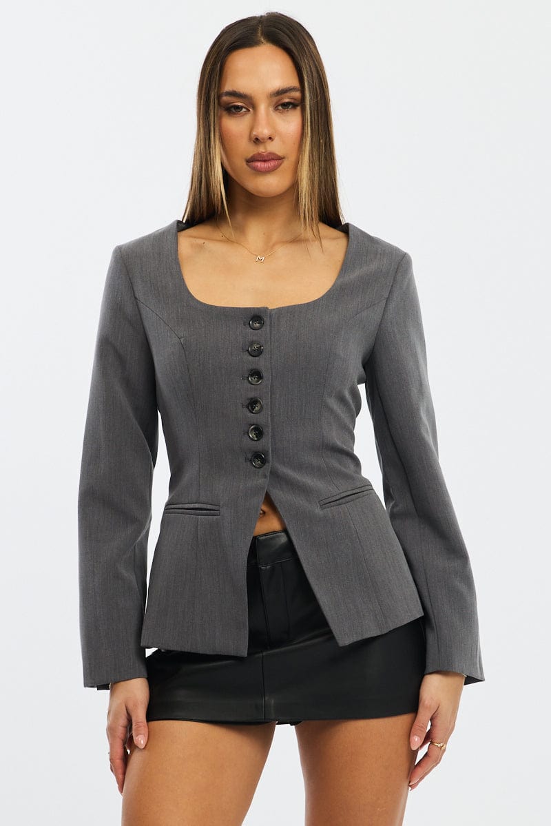 Grey Fitted Blazer Jacket for Ally Fashion