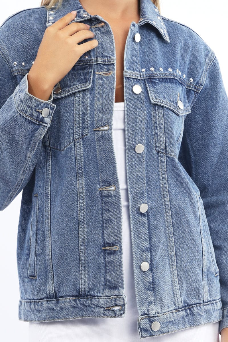 Denim Oversized Jacket With Studs for Ally Fashion