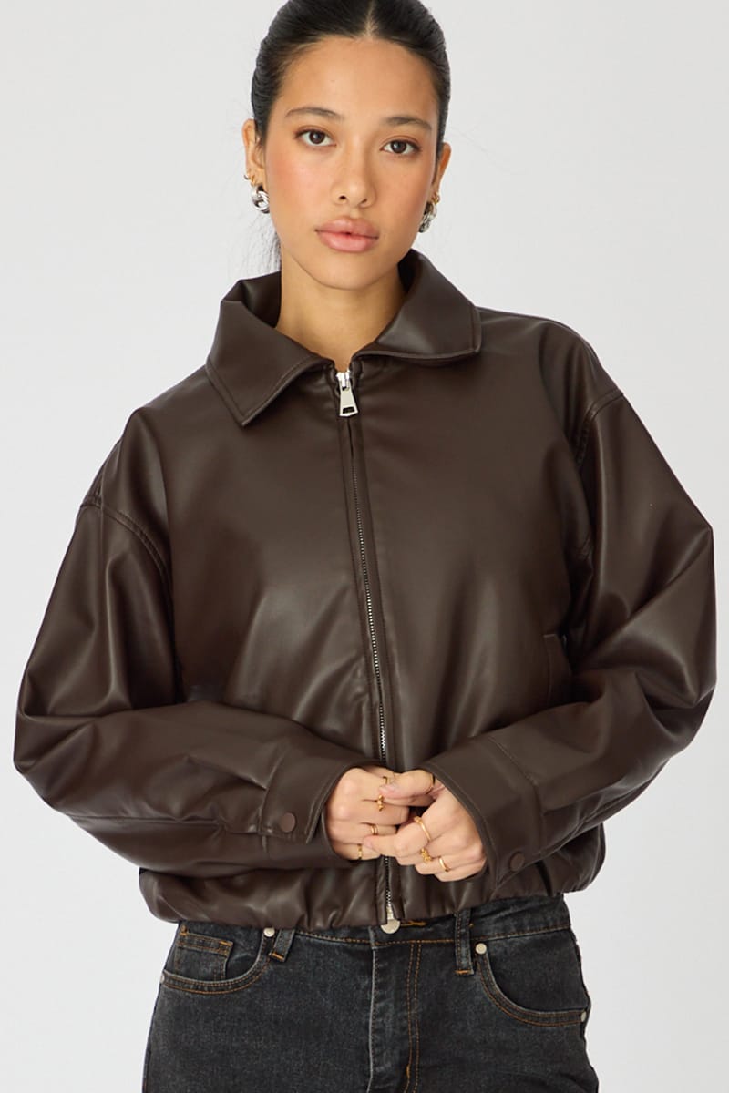 Brown Collared Bomber Jacket Faux Leather for Ally Fashion