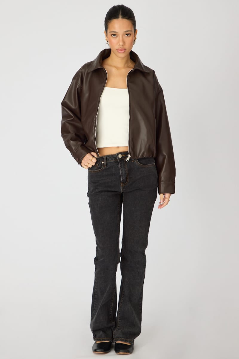 Brown Collared Bomber Jacket Faux Leather for Ally Fashion